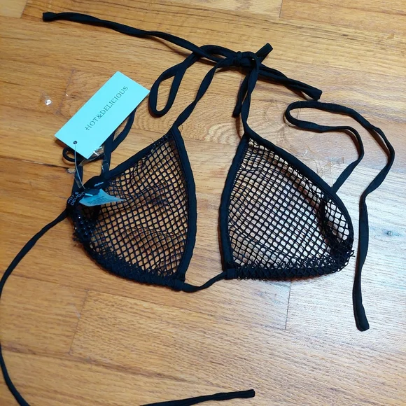 Hot & Delicious Black Mesh Bedazzled Rhinestone Festival Bikini Top Medium NWT - Picture 9 of 9